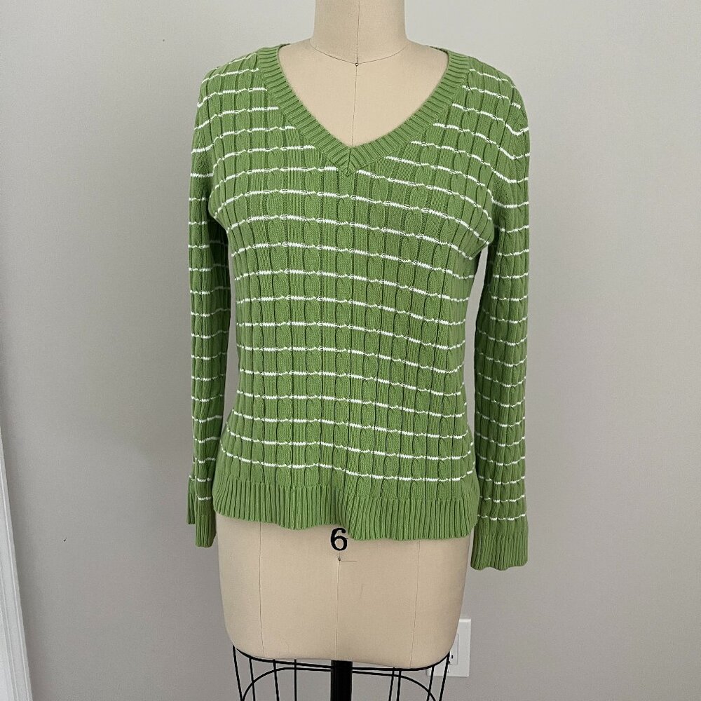 KATE HILL Cable Knit Lime/White Striped Cotton V Neck Sweater Preppy Nautical XS